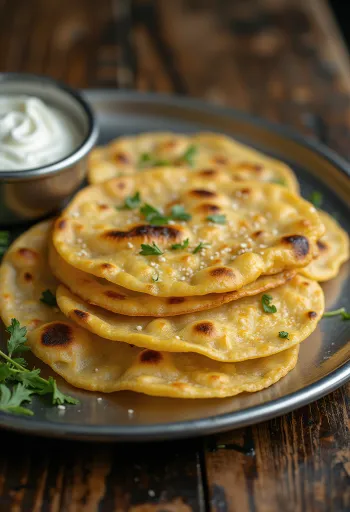 Besan thepla, serveret med frisk koriander og chili, sprød og lækker