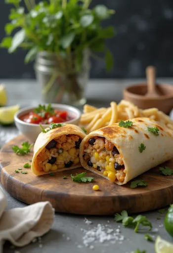 Kyllingeburrito fyldt med friske grøntsager, ris og ost
