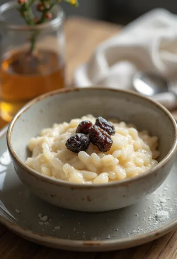 Risbudding med rosiner serveret med frisk mynte og sukker