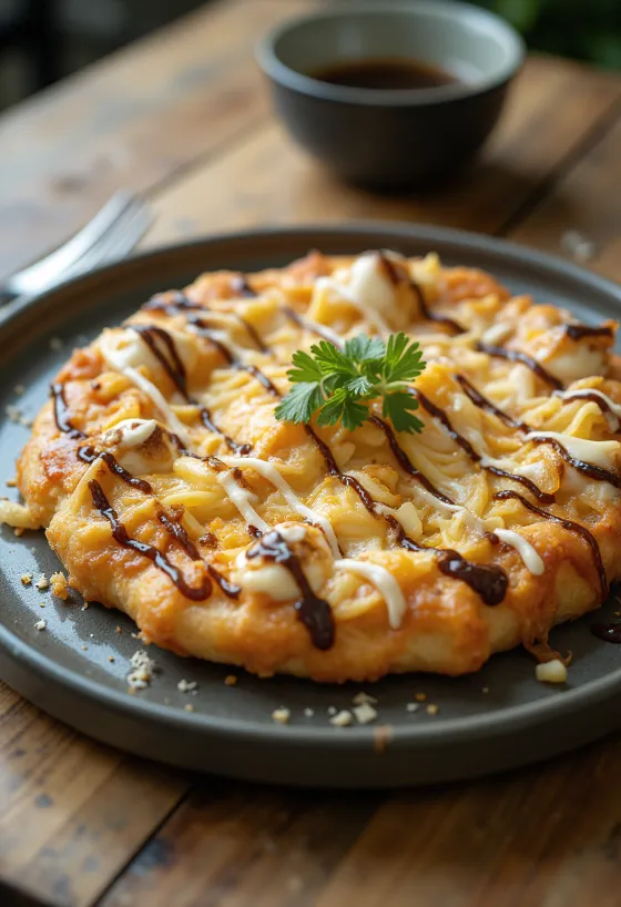 Okonomiyaki pizza med kål og tunflager