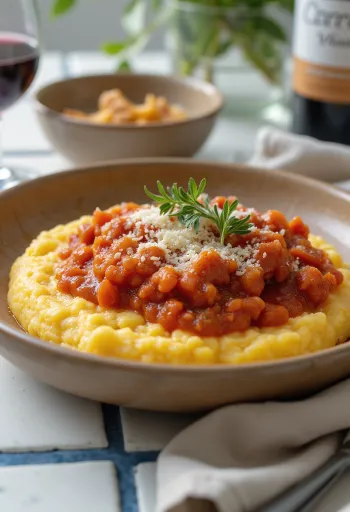Cremet polenta serveret med tomatsauce i en dyb tallerken