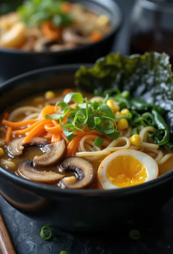 Vegansk ramen serveret med grøntsager