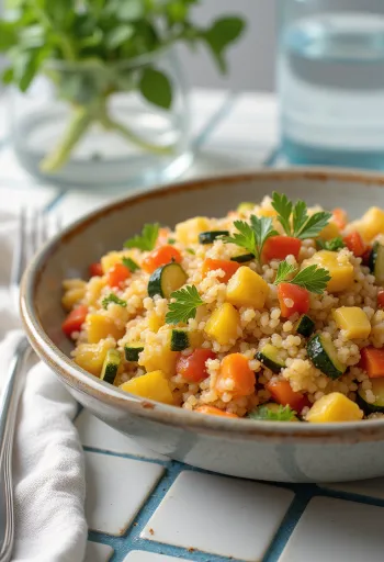 Grøntsagsbulgur serveret med stykker af frisk peberfrugt, tomat og squash