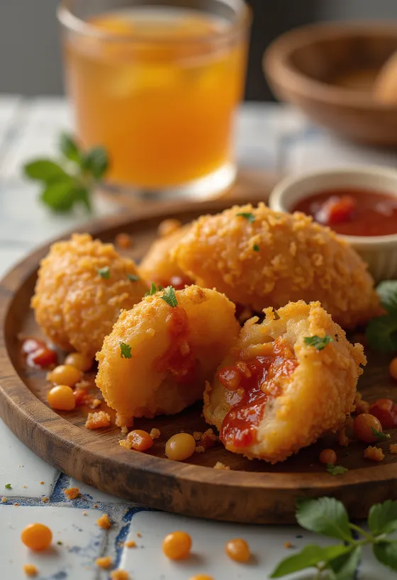 Acarajé med stærk sauce, sprøde boller serveret med stærk sauce og koriander