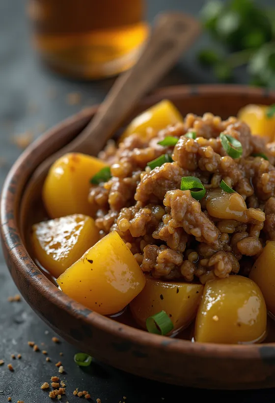 Adobo med kartofler, krydret kød og sprøde kartofler serveret