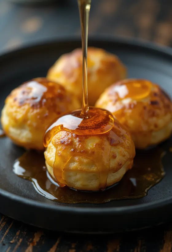 Æbleskiver med ahornsirup, friskbagte, gyldenbrune, serveret med ahornsirup