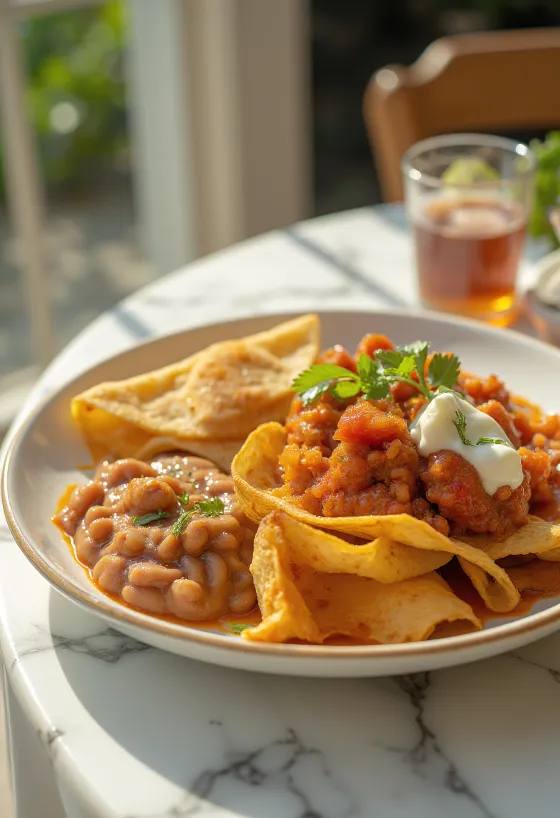 Chilaquiles con frijoles refritos – tortilla med rød sauce, bønner, ost og Creme Fraiche