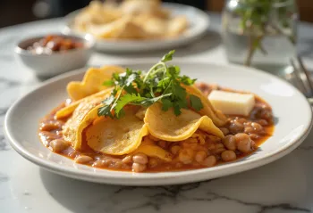 Chilaquiles con frijoles refritos – tortilla med rød sauce, bønner, ost og Creme Fraiche