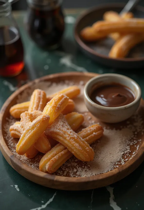 Churros med chokolade, serveret med chokoladesauce