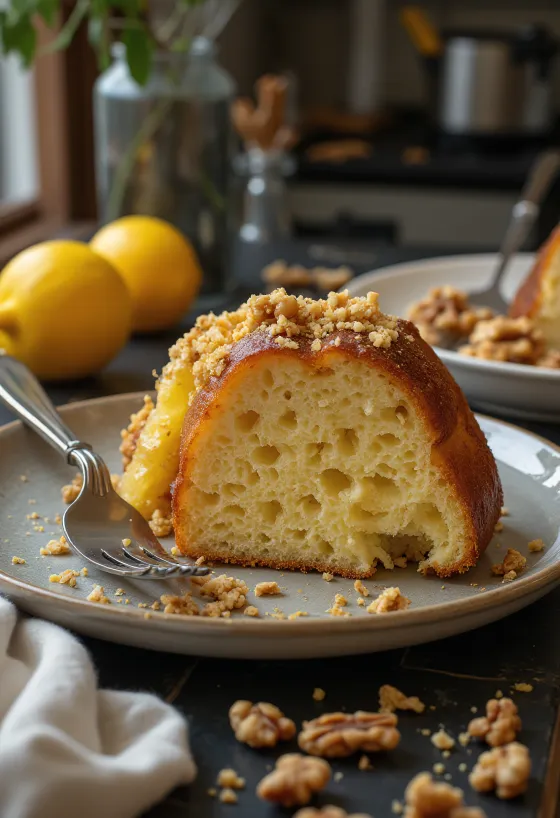 Citron-valnød bundtkage serveret