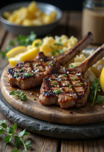 Grillede lammekoteletter serveret med rosmarin og citron