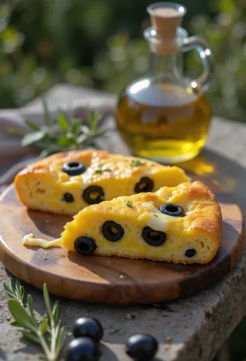 Majsbrød skåret i skiver, drysset med stykker af sorte oliven, serveret på en rustik tallerken