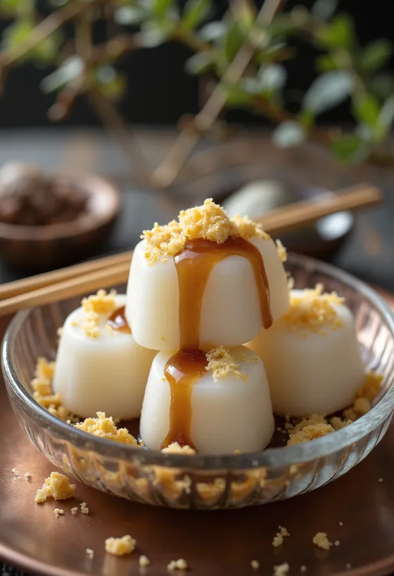 Kuzumochi serveret med kuromitsu-sauce og ristede sesamfrø