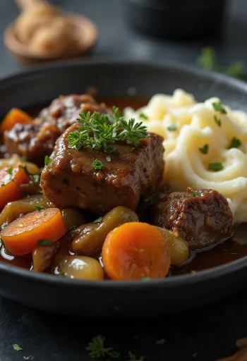 Lammebovgryde serveret i en rustik skål