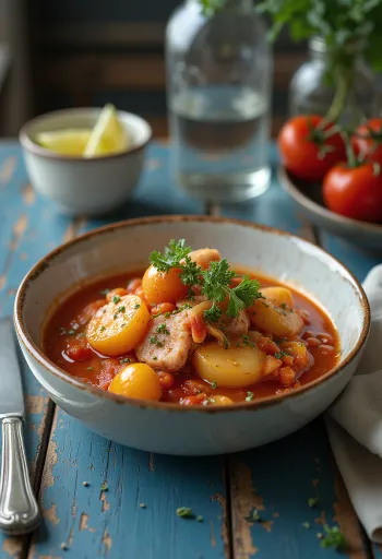 Marmitako con tomate serveret med frisk persille