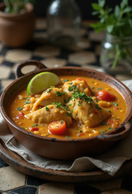 Moqueca fiskeret, serveret med tyk sauce og frisk koriander