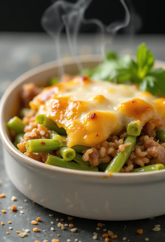 Grønne bønner i fad med frisk creme fraiche og gratineret ost på toppen.
