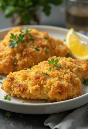 Paneret kyllingebryst stegt gyldenbrunt serveret med salat