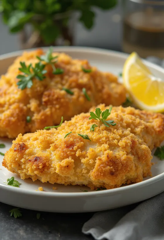 Paneret kyllingebryst stegt gyldenbrunt serveret med salat