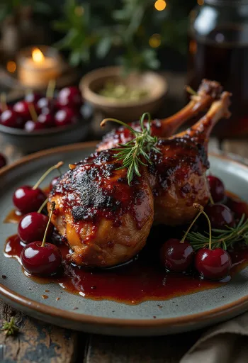 Roast wild duck with cherry glaze served on a platter with fresh herbs.