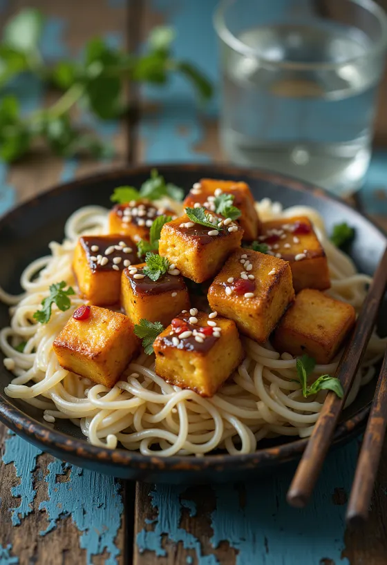 Stegt tofu med thaidressing serveret