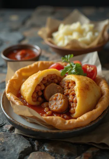 Acarajé med pølse, krydrede bønner og frisk persillepynt