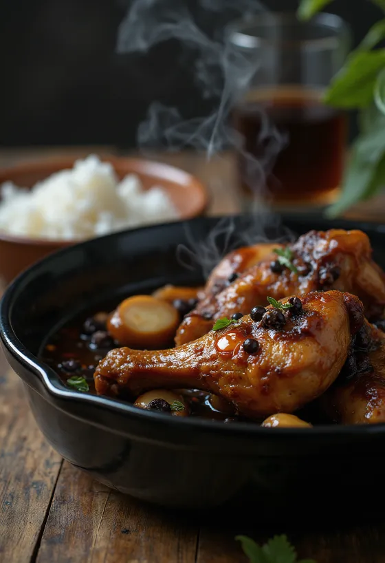 Adobo kyllingekød, kogt i sojasauce, serveret ved siden af ris
