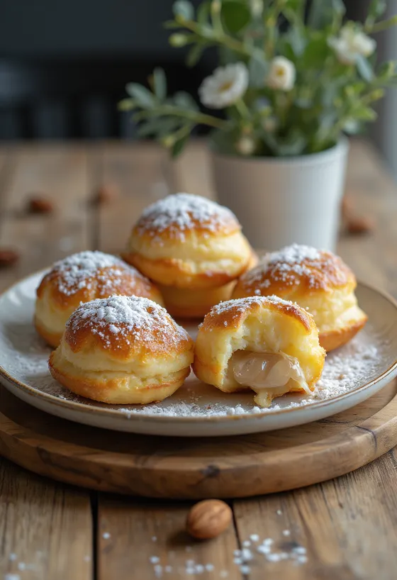 Æbleskiver med mandelfyld, drysset med flormelis, serveret i en skål