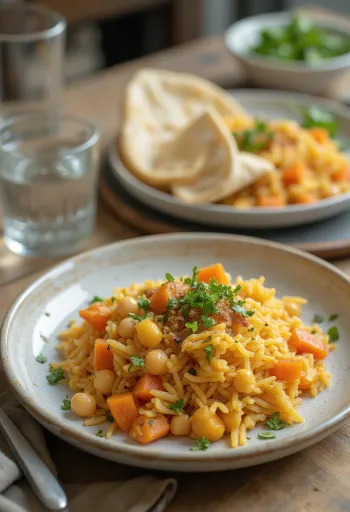 Bhuna khichuri med gulerødder, drysset med koriander