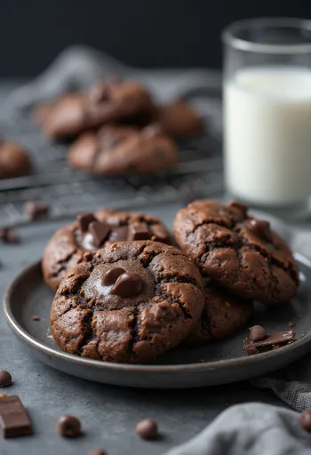 Rige chokoladecookies drysset med smeltet chokolade og flormelis