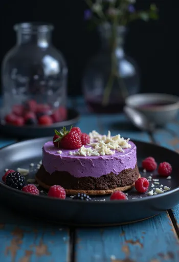 Chokoladekage med frugtmousse serveret i stykker