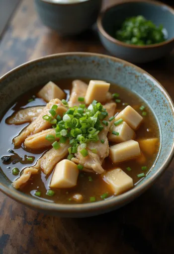 Misosuppe med kylling, indeholder tofu og tang, serveret med rige smage