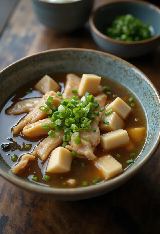 Misosuppe med kylling, indeholder tofu og tang, serveret med rige smage