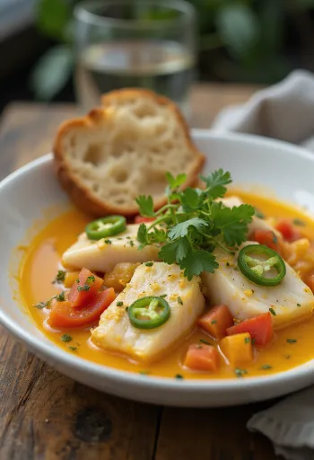 Mælkefri version af Moqueca, fisk og grøntsager kogt i kokosmælk, serveret med frisk koriander