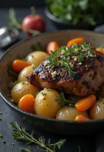 Stegt murmeldyrkød serveret med rodfrugter på et fad.