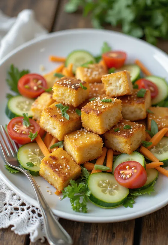Bagt tofu serveret med grøntsagssalat