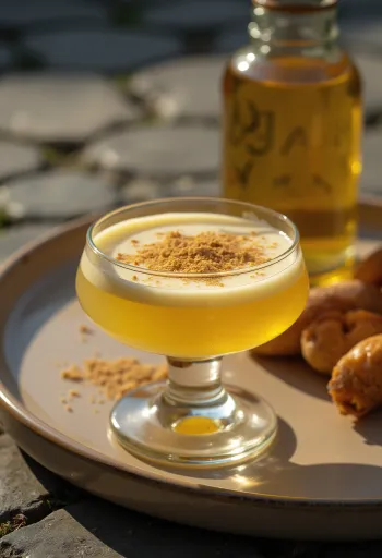 Hjemmelavet æggelikør i flaske med revet muskatnød på toppen.