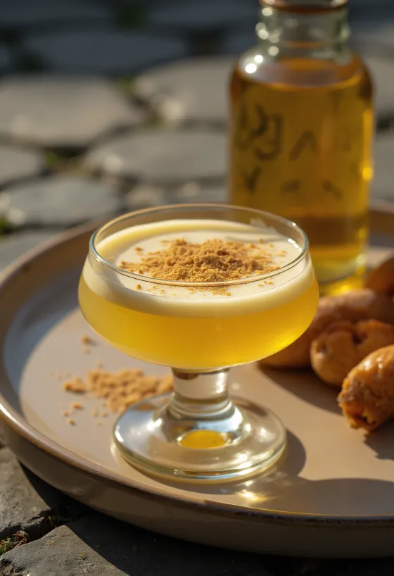 Hjemmelavet æggelikør i flaske med revet muskatnød på toppen.