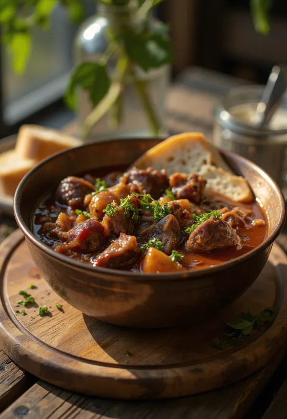 Vildsvinegryde med saftige kødstykker, serveret med kartoffeltilbehør