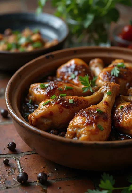 Adobo med kød, serveret i soya og hvidvinssauce, pyntet med friske krydderurter