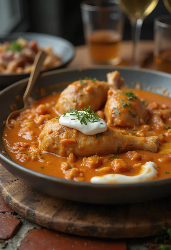 Kyllingepaprikash med creme fraiche serveret