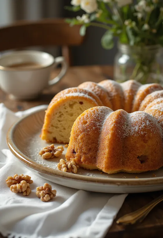 Valnødde-æblekuglof serveret