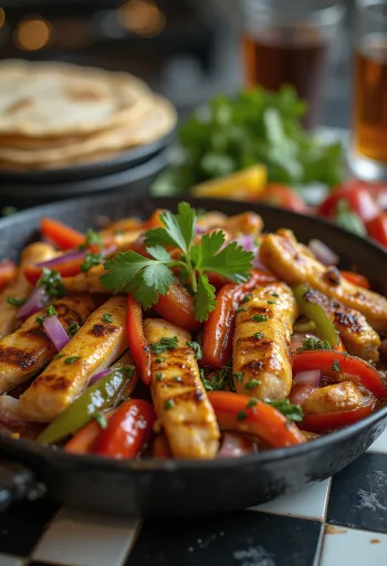 Fajitas med kylling og peberfrugt serveret
