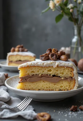 Kastanjekage skåret i stykker, pyntet med chokolade