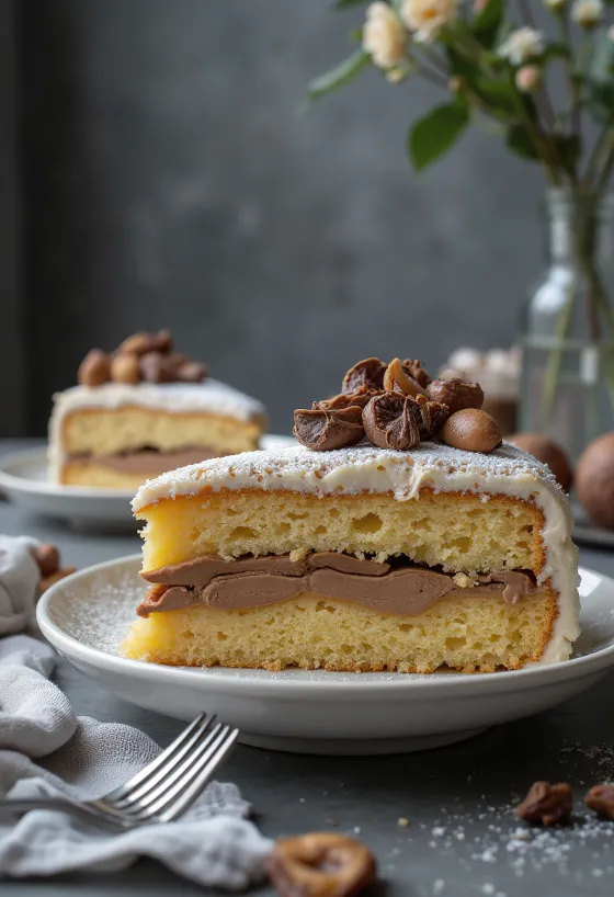Kastanjekage skåret i stykker, pyntet med chokolade