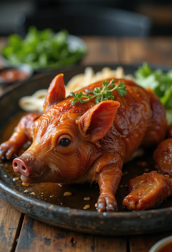 Lechon, stegt pattegris med sprød svær serveret