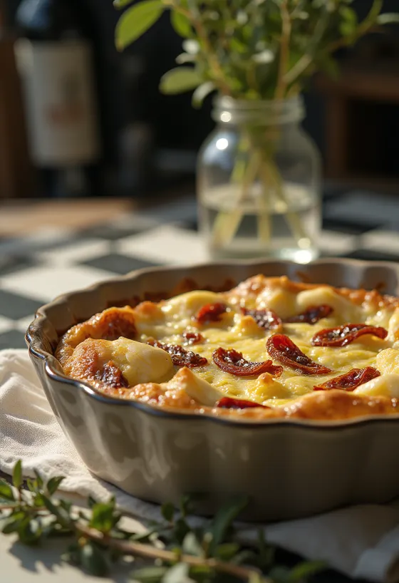 Quiche med mozzarella og soltørrede tomater i rustik servering
