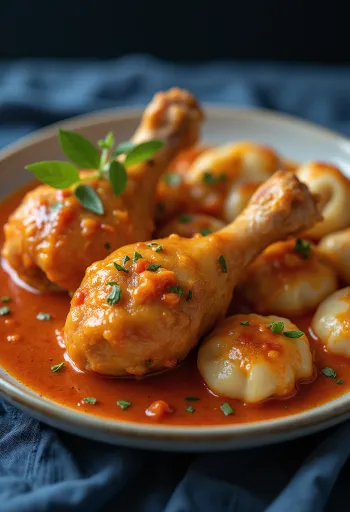 Saftig paprikakylling i creme fraiche-paprikasauce, serveret på en hvid tallerken.