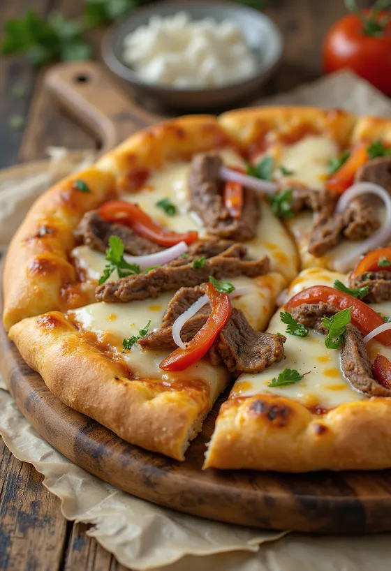 Philly cheesesteak pizza med steak skiver og peberfrugt