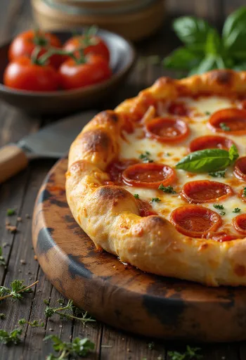 Pepperoni pizza med osteskorpe serveret